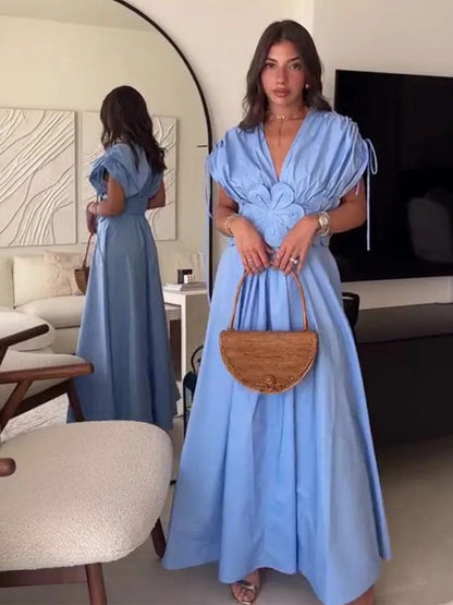 Summer Elegant Blue Long Dresses Women 2024 New Luxury 3D Flower High Waisted Pleated Party Dress Fashion Ladies Street Robe