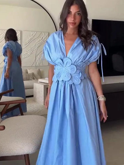 Summer Elegant Blue Long Dresses Women 2024 New Luxury 3D Flower High Waisted Pleated Party Dress Fashion Ladies Street Robe