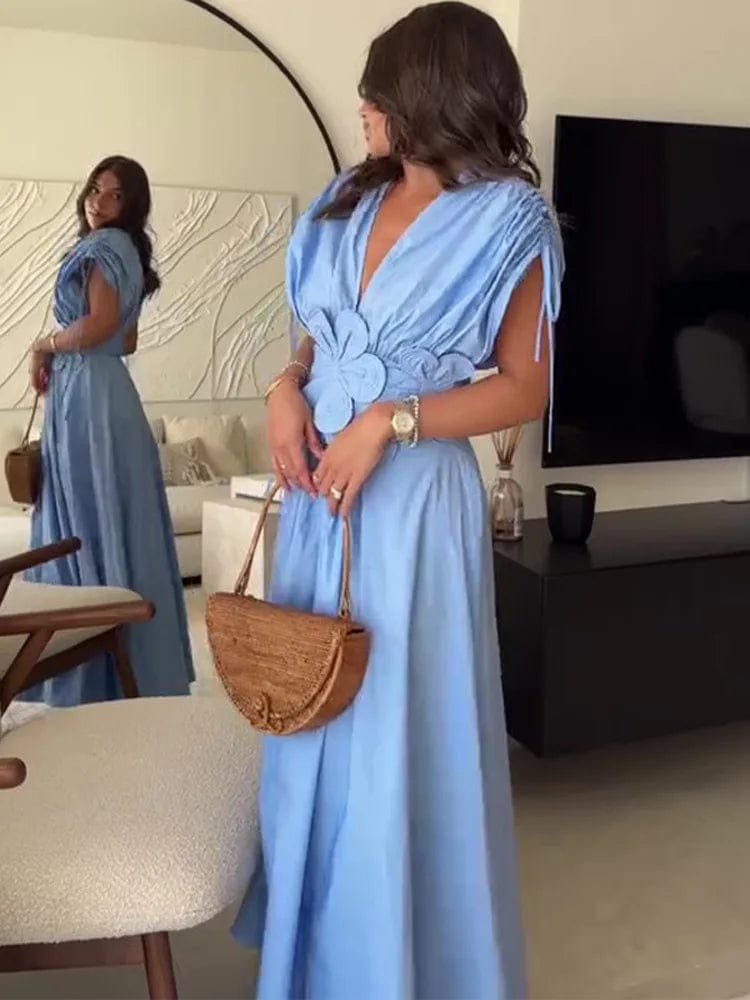 Summer Elegant Blue Long Dresses Women 2024 New Luxury 3D Flower High Waisted Pleated Party Dress Fashion Ladies Street Robe