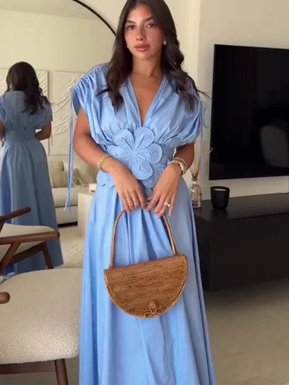 Summer Elegant Blue Long Dresses Women 2024 New Luxury 3D Flower High Waisted Pleated Party Dress Fashion Ladies Street Robe