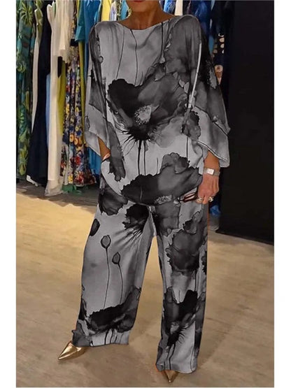 Summer Fashion Printed Satin Two Piece Sets Women Sexy Round Neck 3/4 Sleeved Top + Wide Leg Long Pants Casual Two Piece Set