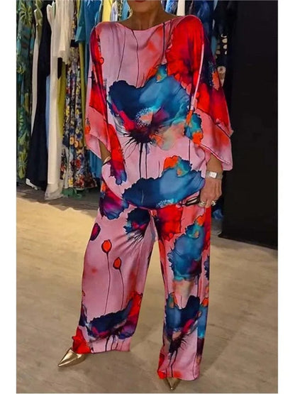 Summer Fashion Printed Satin Two Piece Sets Women Sexy Round Neck 3/4 Sleeved Top + Wide Leg Long Pants Casual Two Piece Set