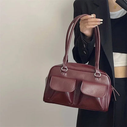 Vintage Women Business Shoulder Bags Simple Ladies Commute Tote Bag Pu Leather Female Underarm Bag Burgundy Large Handbags Purse