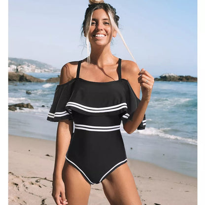 WC0515D1 / M 2024 New Sexy Off The Shoulder Solid Swimwear Women One Piece Swimsuit Female Bathing Suit Ruffle Monokini Swim Wear XL