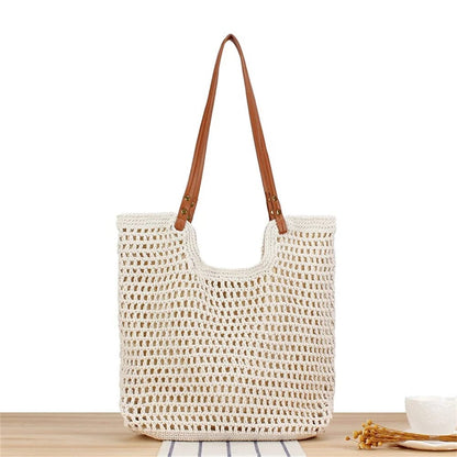 white / 41cm-37cm-38cm Hand-woven Women's Shoulder Handbag Bohemian  Summer Fashion Straw Beach Tote Bag Travel Shopper Weaving Shopping Bags 2024