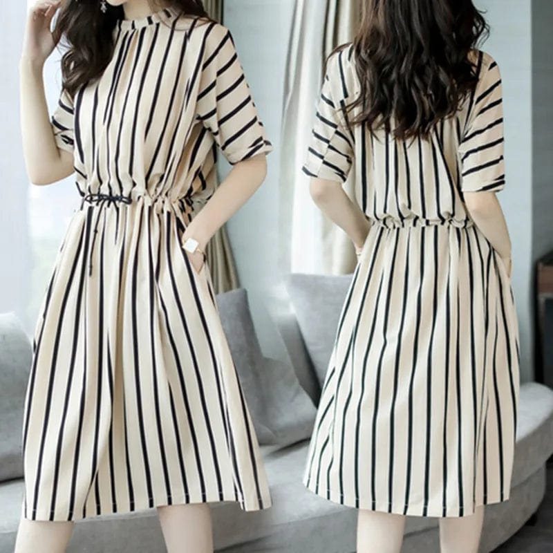 White / L Summer New Minimalist Commuter Spliced Crew Neck Striped Elegant Fashion Luxury Slim Comfortable Half Sleeve Pleated Dress