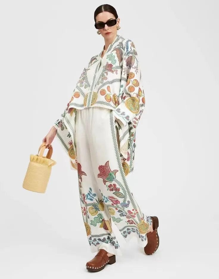 White / M Summer Casual Satin Print Two Piece Set Women Fashion Loose Bat Sleeve Shirt Wide Leg Pants Two Piece Set Women