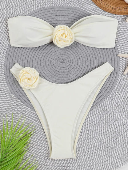 White / S 3D Rose Strapless Bikini 2024 Women Swimsuit