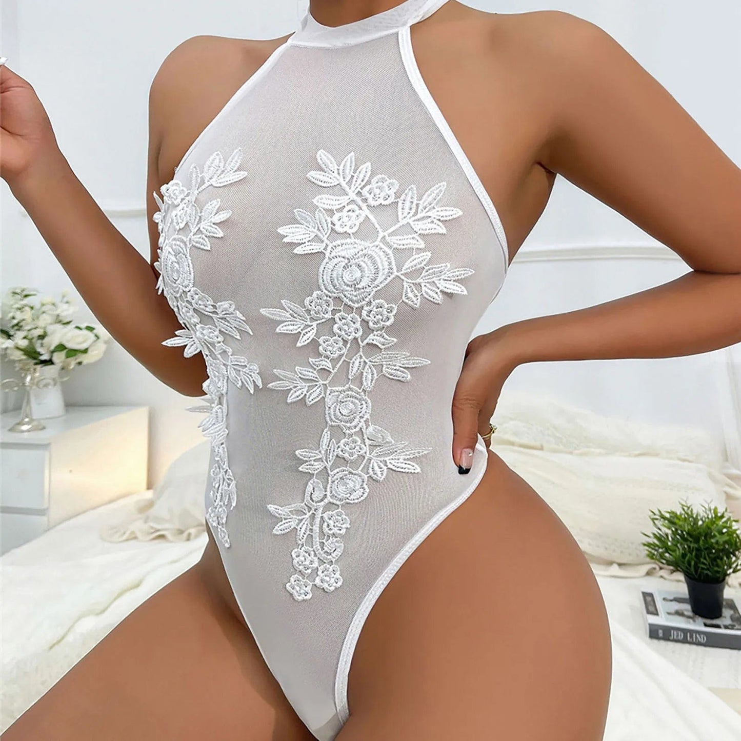 White / S / CHINA Floral Embroidery Bodysuit Mesh See Through Sexy Bodysuit Sleeveless