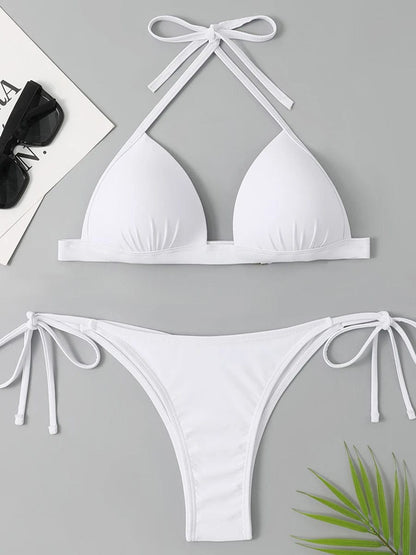 White / S Halter Bikinis 2024 Women Drawstring Push Up