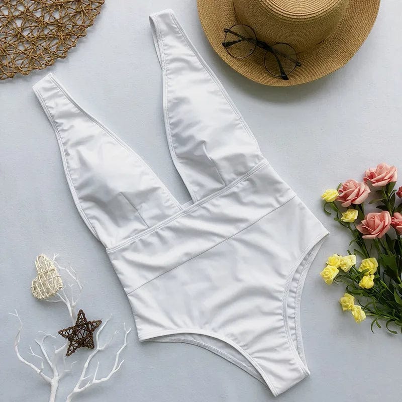 WHITE / S Sexy Deep V Neck Swimwear Women