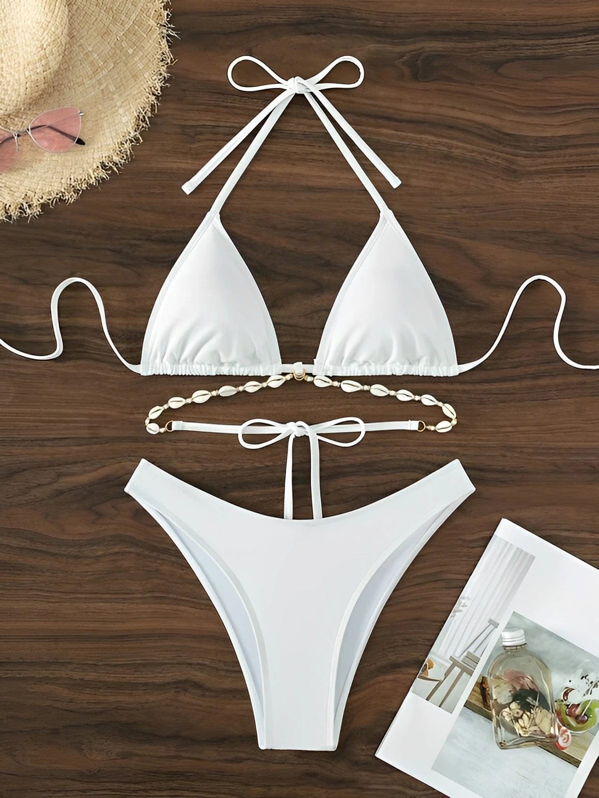 White / S Triangle Bikini Set Decorated With Seashell Swimsuit