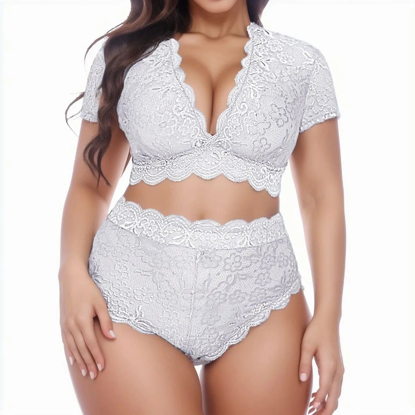 White / XL / CN Women Sexy Lingerie V Neck High Waist Floral Lace Cross Bra Panty 2 Piece Set See-Through Ultrathin Underwire Plus Size 2024 New