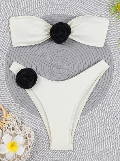 WhiteB / M 3D Rose Strapless Bikini 2024 Women Swimsuit