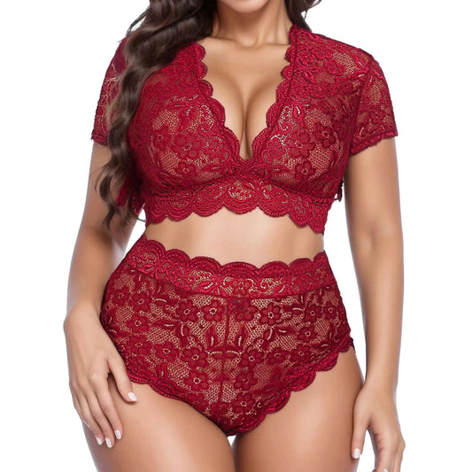 Wine / M / CN Women Sexy Lingerie V Neck High Waist Floral Lace Cross Bra Panty 2 Piece Set See-Through Ultrathin Underwire Plus Size 2024 New