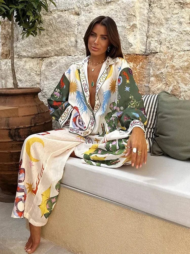 Women Chic Printed Long Sleeved Shirt Pants Suits Elegant Lapel Single Breasted Blouses Trousers 2 Piece Set Lady Vacation Suits