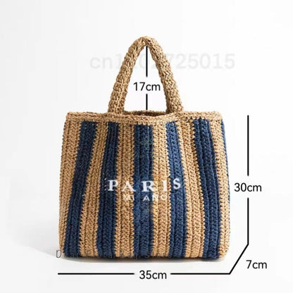 Women Fashion Striped Summer Beach Straw Knitting Shoulder Bag Hollow Out Handwoven Handbags Portable Large Capacity Casual Tote