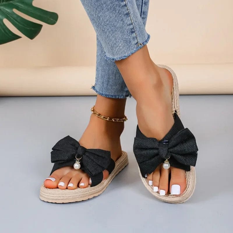 Women's Artificial Straw Sole Shoes 2024 Summer Designer Bow Flat Weave Beach Flip Flops Ladies Light Slippers Zapatos De Mujer