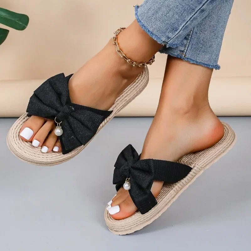 Women's Artificial Straw Sole Shoes 2024 Summer Designer Bow Flat Weave Beach Flip Flops Ladies Light Slippers Zapatos De Mujer