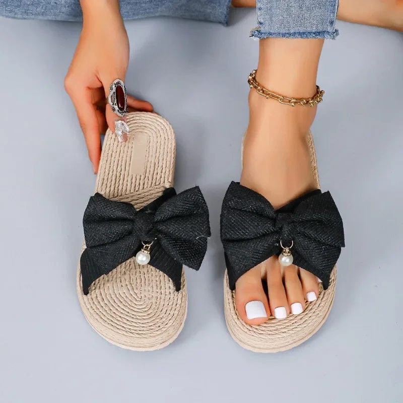 Women's Artificial Straw Sole Shoes 2024 Summer Designer Bow Flat Weave Beach Flip Flops Ladies Light Slippers Zapatos De Mujer