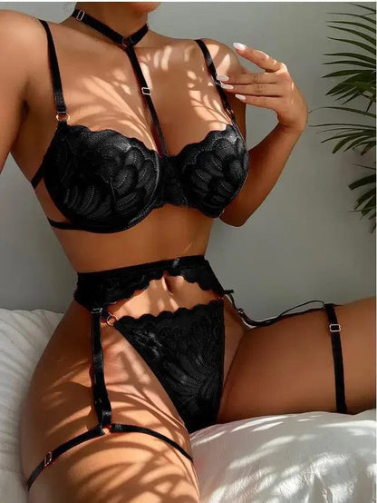 Women's Sexy Lingerie Set Floral Lace Underwear Suit For Women Mesh Hollow Out Bra Suits Female Bra Thongs Three-piece Lingerie