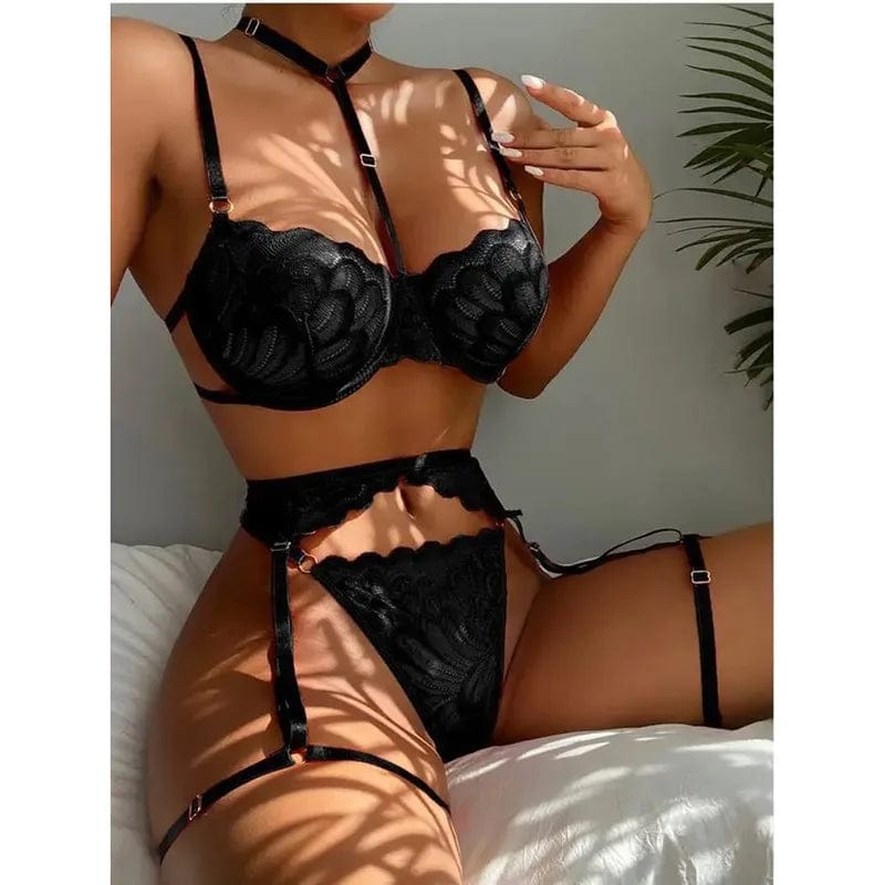 Women's Sexy Lingerie Set Floral Lace Underwear Suit For Women Mesh Hollow Out Bra Suits Female Bra Thongs Three-piece Lingerie