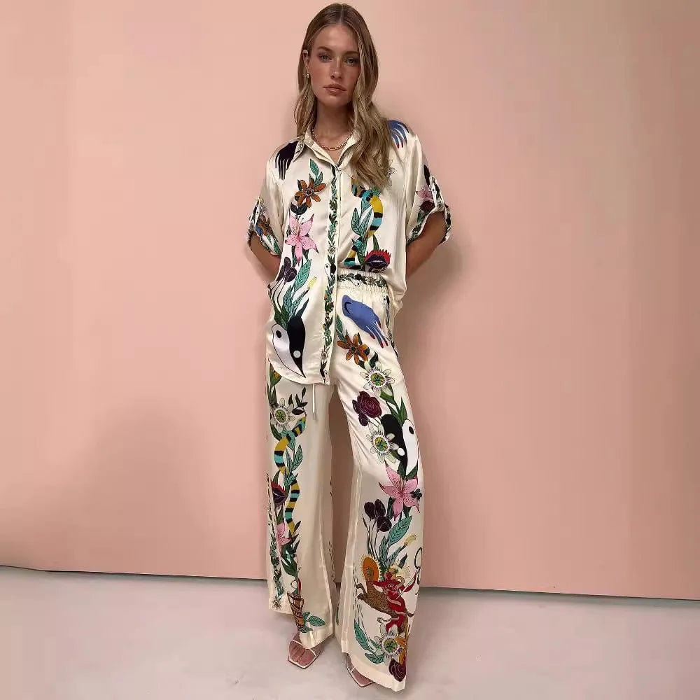 Women Two-Piece Set Suit Graffiti Printed Satin Short Sleeved Lapel Shirt+Elastic Waist Casual Wide Leg Pants Home Loose Outfits