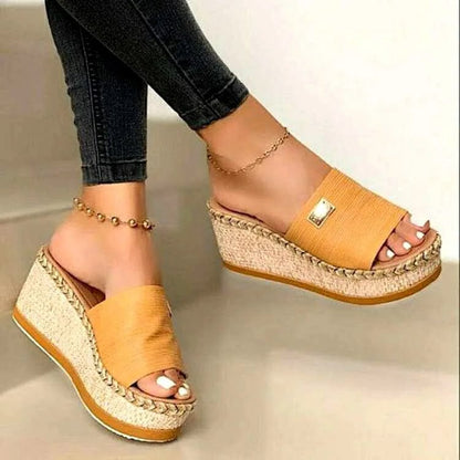 Yellow / 36 Womens High Heels Sandal Summer Leisure Wedges Sandals 2022 New Outdoor Beach Slippers Women Platform Mules Slipper Plus Size 43