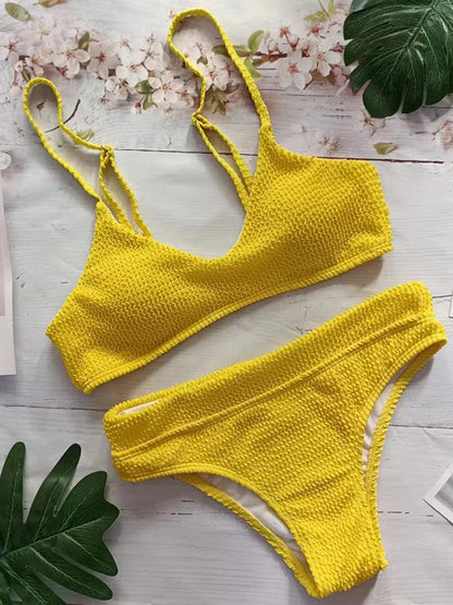 Yellow / L 2024 Solid Middle Waist Bikini Ribbed Swimsuit