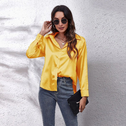 yellow / S Satin Blouse Shirt Silk Tops Elegant Long Sleeve Loose Womens Blouses Camisas De Mujer Spring Autumn Streetwear Women Clothes