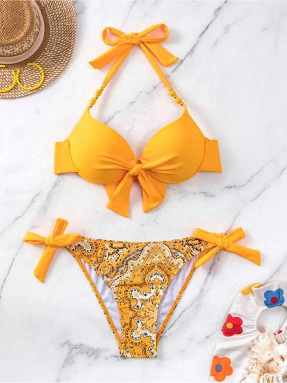 yellow / XL Sexy Push Up Bikini 2024 Women Swimsuit Two Piece Swimwear Female Thong Bikinis Set Swimming for Bathing Suits Brazilian Biquini