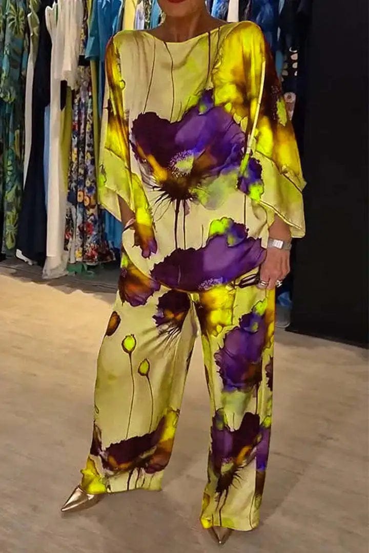 Yellow / XXXL Summer Fashion Printed Satin Two Piece Sets Women Sexy Round Neck 3/4 Sleeved Top + Wide Leg Long Pants Casual Two Piece Set